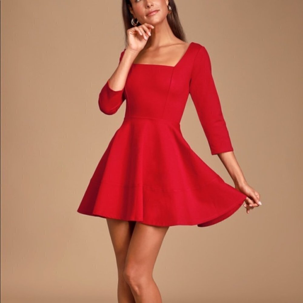 LULU'S Red Three-Quarter Sleeve Skater Dress NWOT